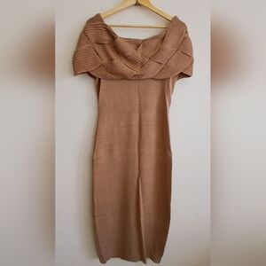 Elegant Tan Knit Midi Dress Off the Shoulders Sleeveless Large